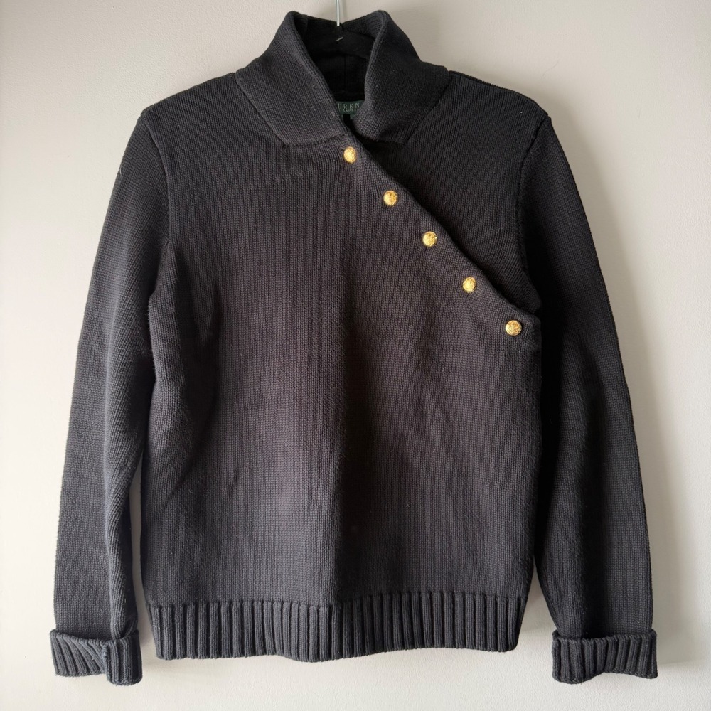 Vintage Lauren Ralph Lauren Sweater Womens Medium‎ Black Gold Crest Button Shawl
